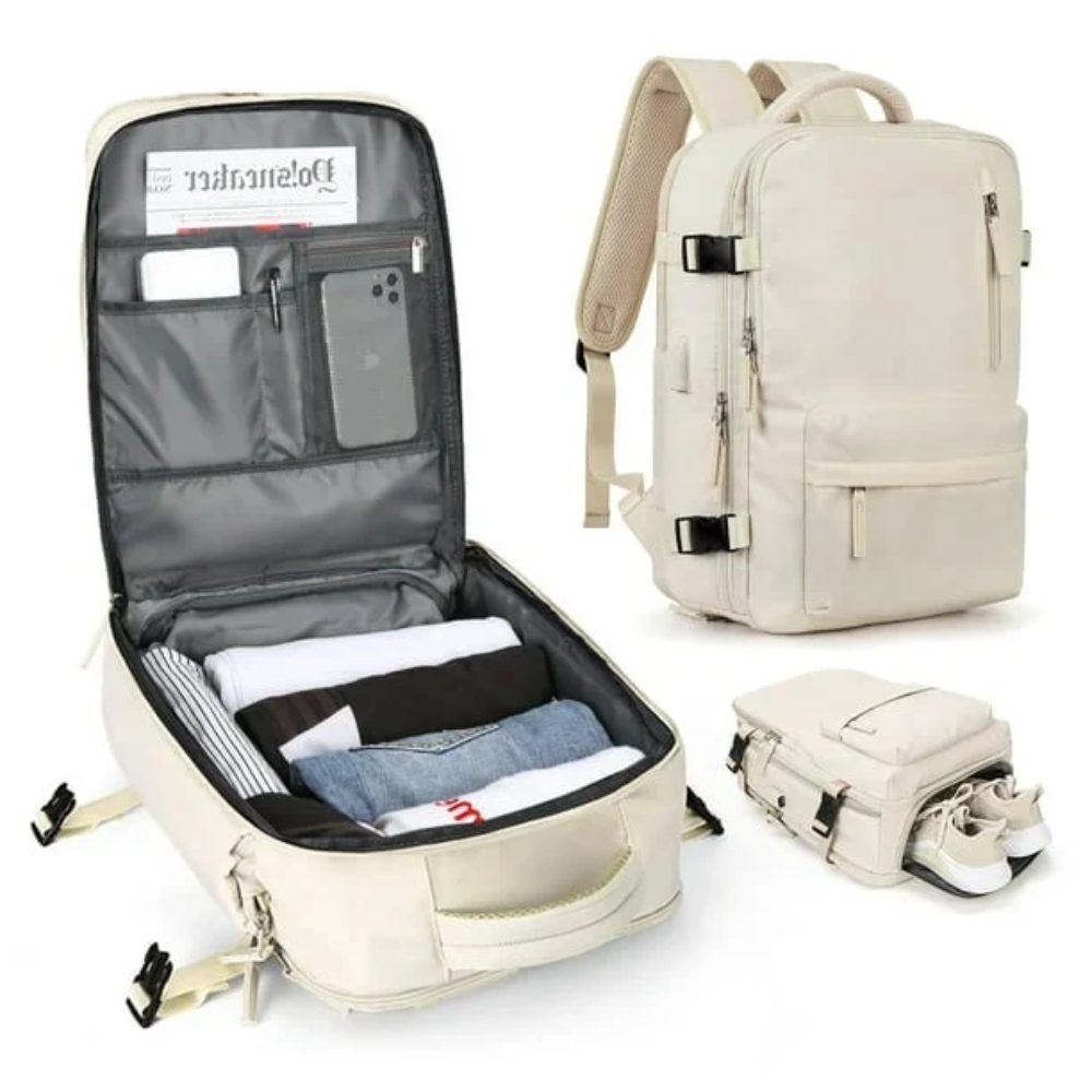 Erweiterbarer Handgepäck-Rucksack 46 × 30 × 16–26 cm – Wasserabweisender Laptop-Reiserucksack mit vielen Fächern