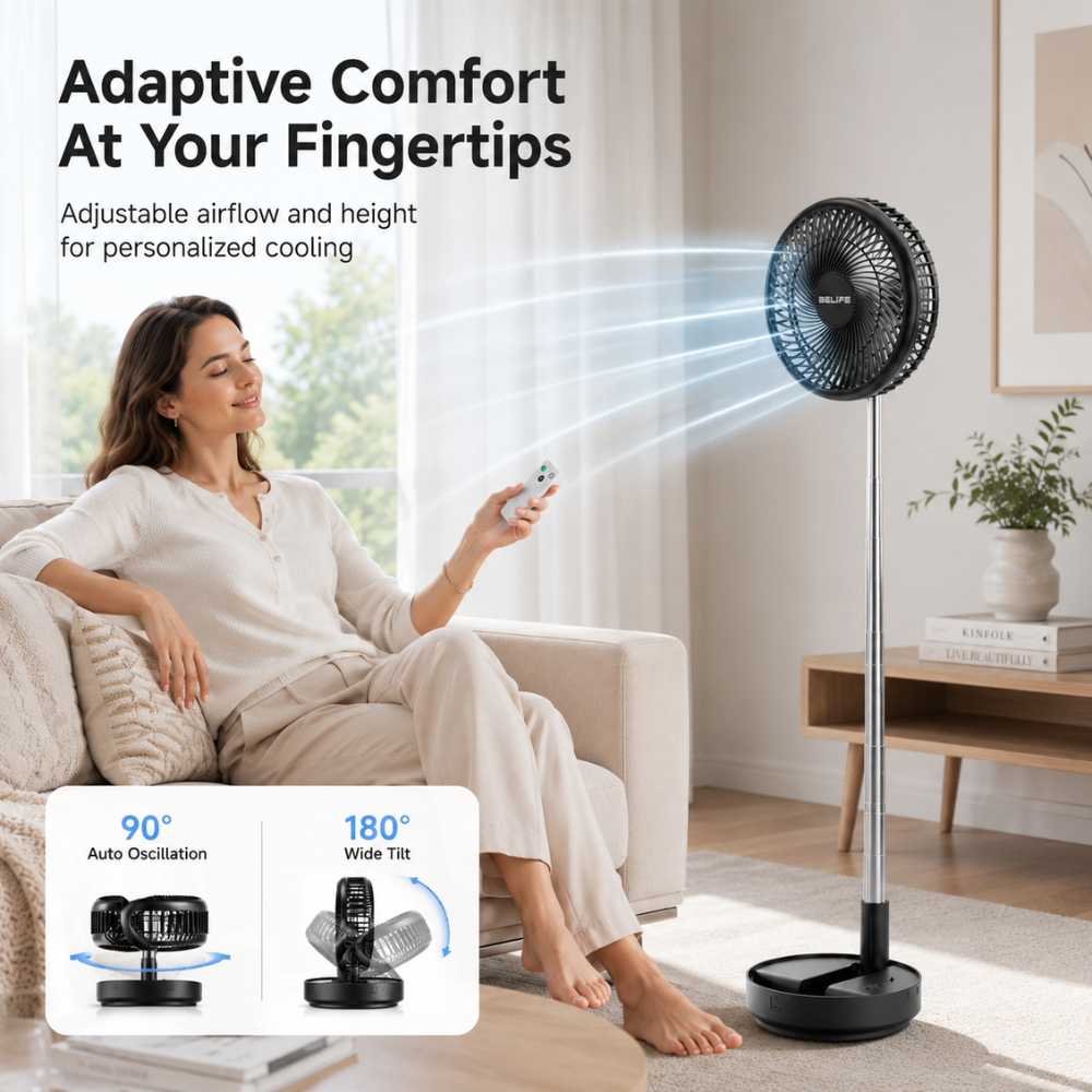 Faltbarer Standventilator mit Akku 7200mAh USB Fernbedienung Höhenverstellbar für Büro Schlafzimmer Camping