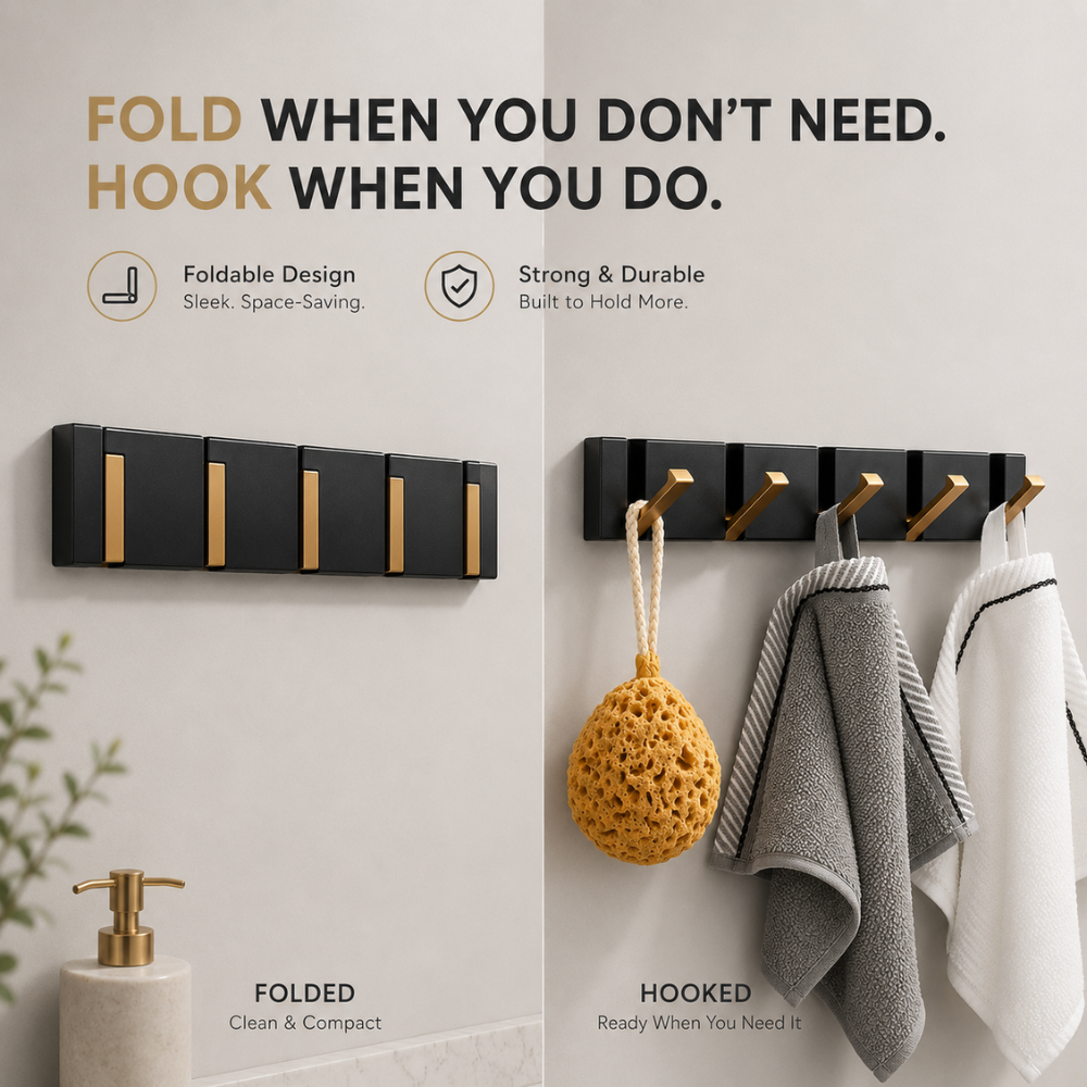 Klappbare Wandgarderobe aus Edelstahl 5 Haken Schwarz Gold für Flur Bad Küche und Eingang