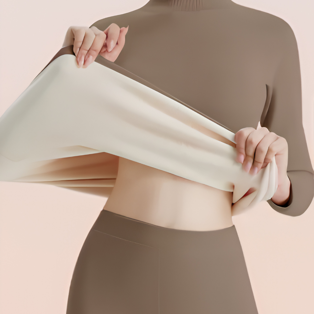 Thermounterwäsche Damen Set – gefüttertes Thermo Oberteil mit Stehkragen und Hose, 2-teilig