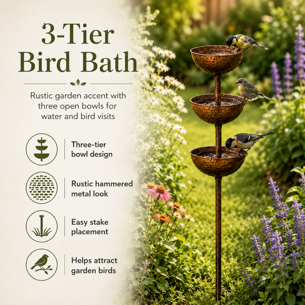 Vogeltränke Garten | 3-stufiges Vogelbad aus Eisen mit dekorativen Wasserschalen für Terrasse, Balkon und Außenbereich