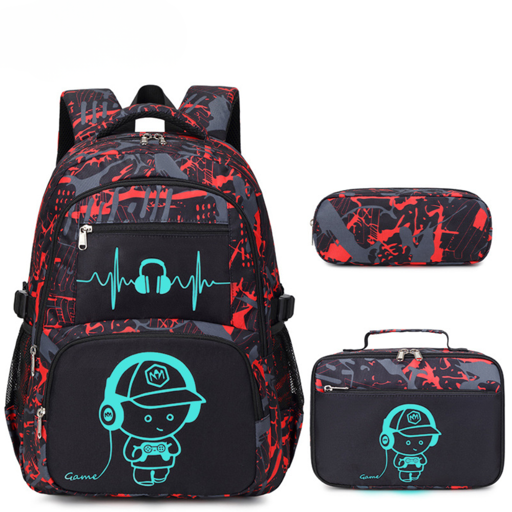 Kinder-Schulrucksack-Set mit Gamer-Motiv 32 × 21 × 45 cm – 3-teiliges Rucksack-Set aus Polyester mit Lunchbag & Federmäppchen