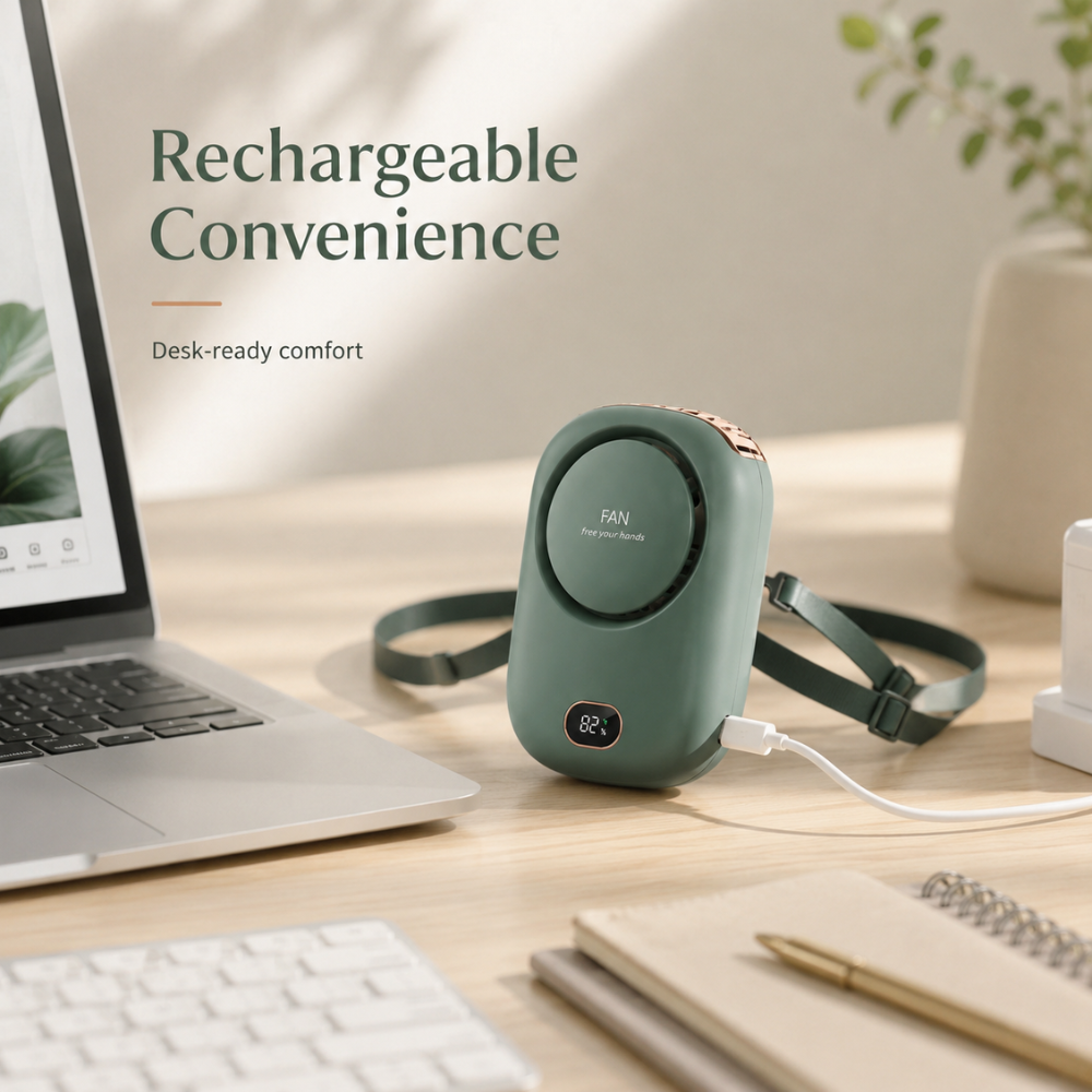 Tragbarer Halsventilator mit Display – USB-aufladbarer Mini-Ventilator mit 3 Geschwindigkeitsstufen und Trageband für Reisen & Outdoor