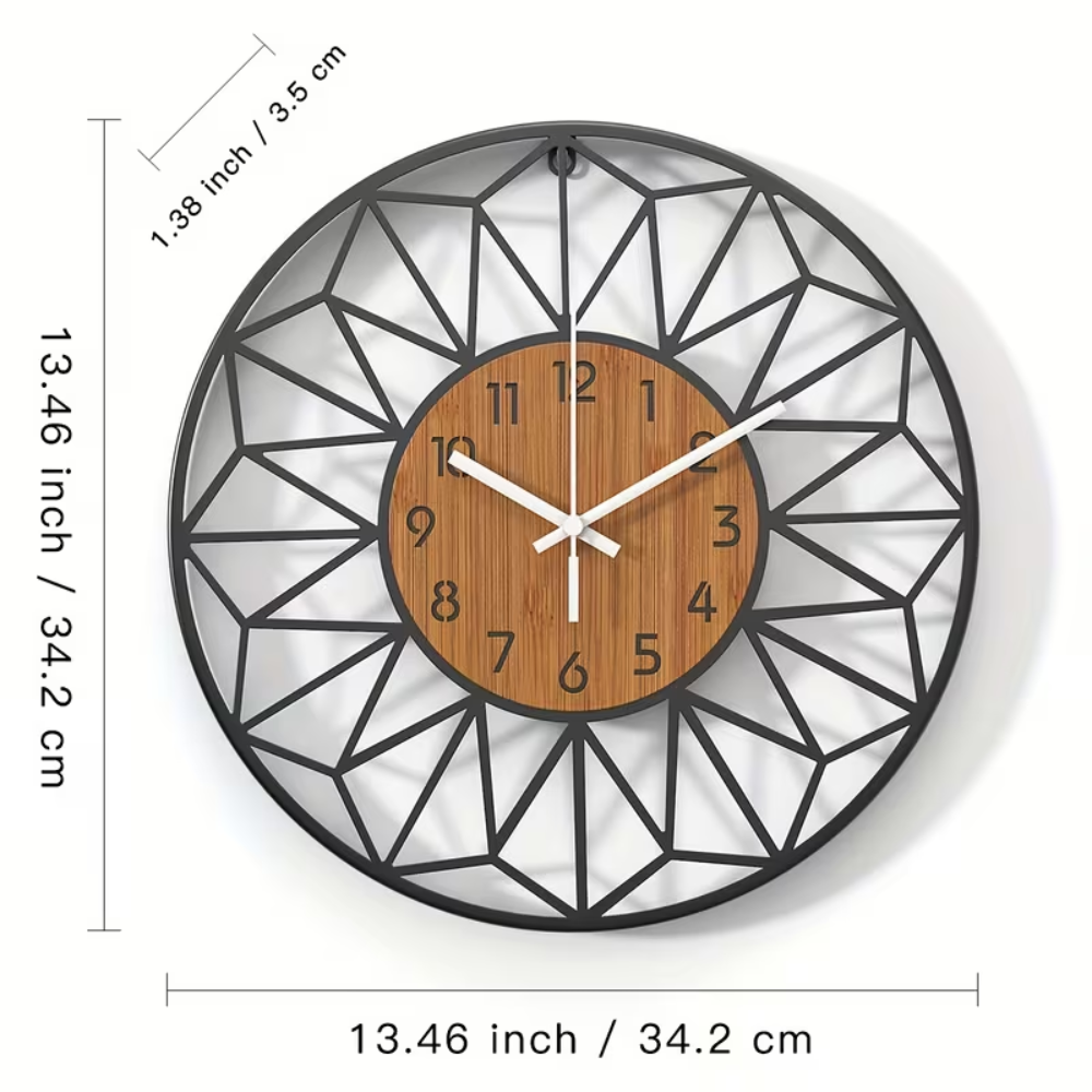 Retro Wanduhr mit Holzoptik – Große Metall Uhr im geometrischen Design mit leisem Uhrwerk für Wohnzimmer