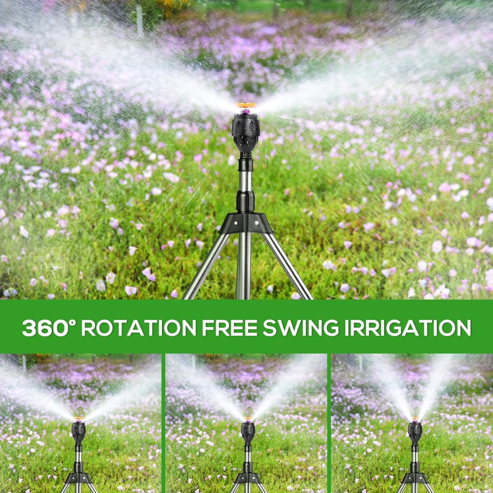 360° Gartensprinkler mit Stativ – Rotierender Rasensprenger mit teleskopischem Dreibein für Garten, Rasen & Bewässerung