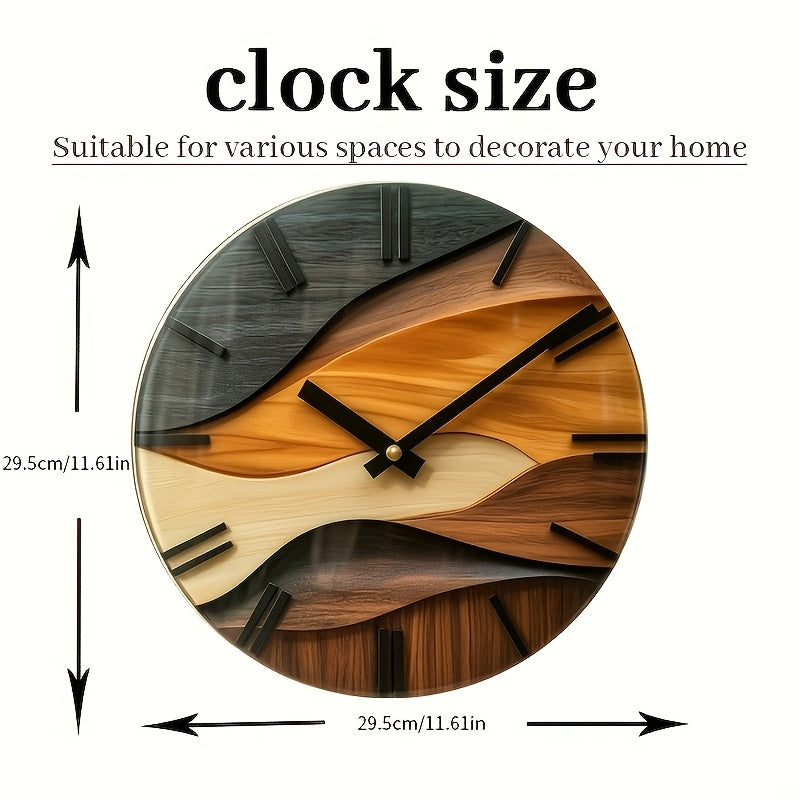 Moderne Wanduhr 30 cm in Glasoptik – Runde Designer Uhr mit Holzoptik, Wellenmuster & leisem Uhrwerk