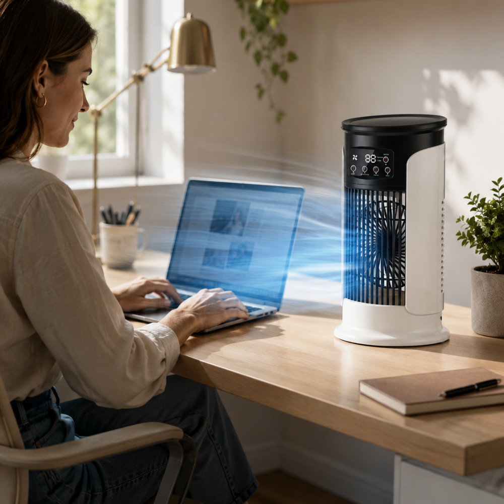 Mobiler Luftkühler 3 in 1 mit Sprühnebel USB Tischventilator LED Anzeige Timer für Büro Schlafzimmer