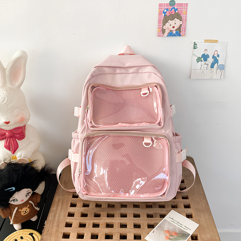 Transparenter Kawaii-Rucksack mit Pin-Display – Großer Schulrucksack im japanischen Stil für Schule, Uni & Alltag