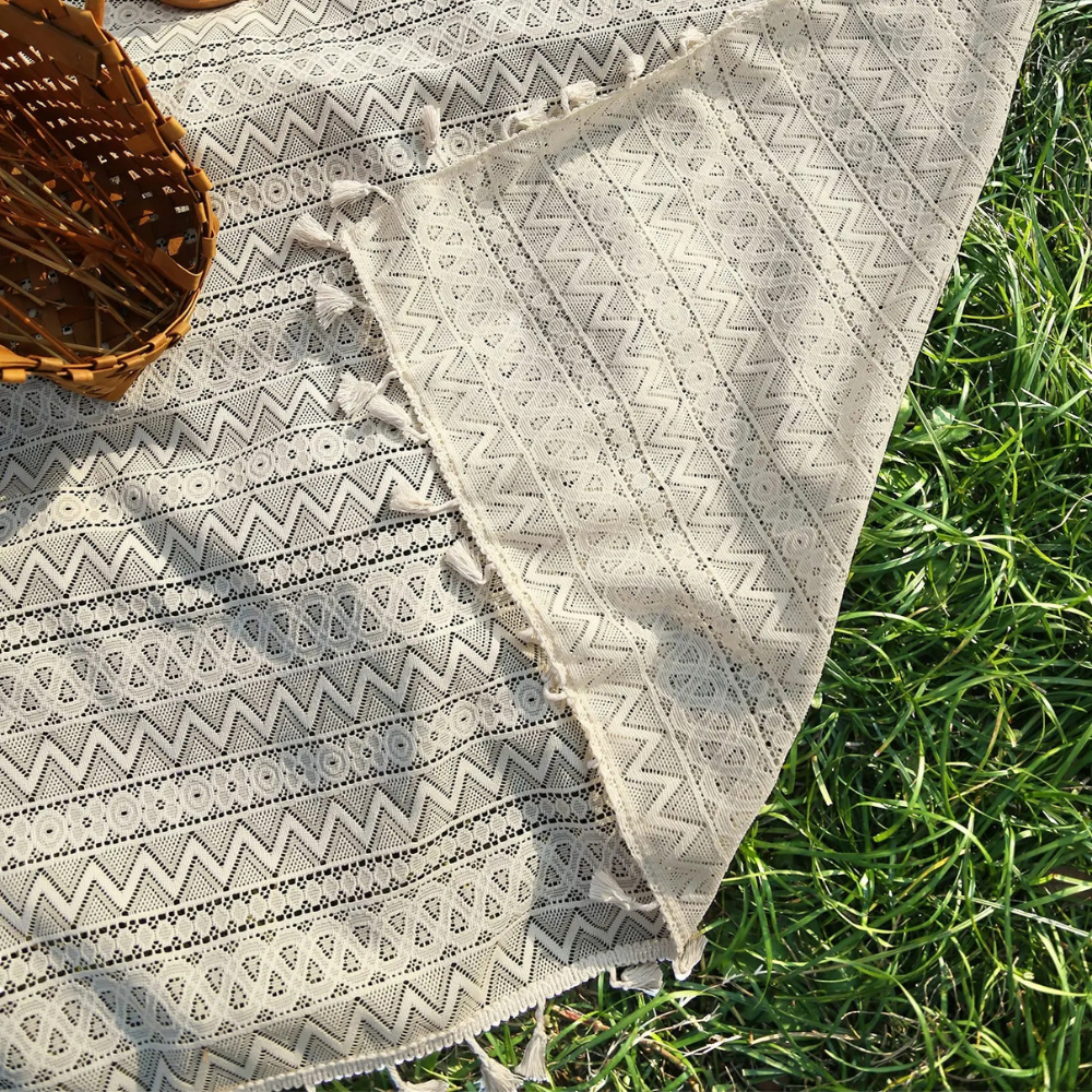 Boho Picknickdecke Beige mit Fransen – waschbare Decke bis XXL für Picknick, Strand, Garten & Esstisch