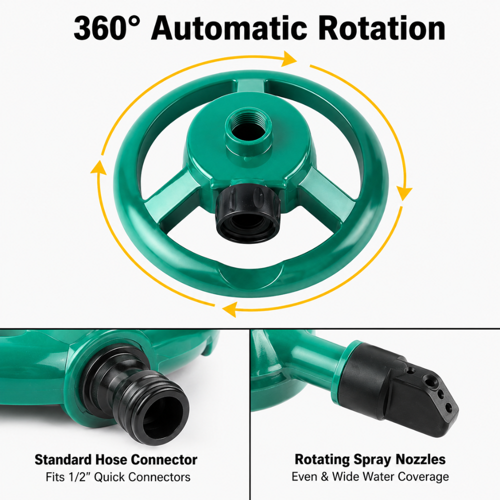 360° Rasensprenger mit 3 verstellbaren Sprüharmen – Automatischer Gartensprinkler für Rasen, Beete & Bewässerung