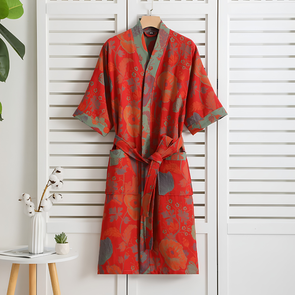 Riona Kimono Morgenmantel Damen - Leichter Baumwoll Bademantel Bedruckt mit Blumenmuster