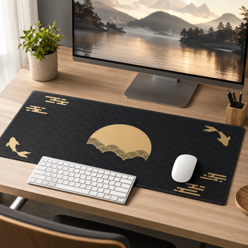 XXL Gaming-Mauspad mit japanischem Koi-Design Schwarz-Gold – Rutschfeste Schreibtischunterlage für Büro, Homeoffice & Gaming