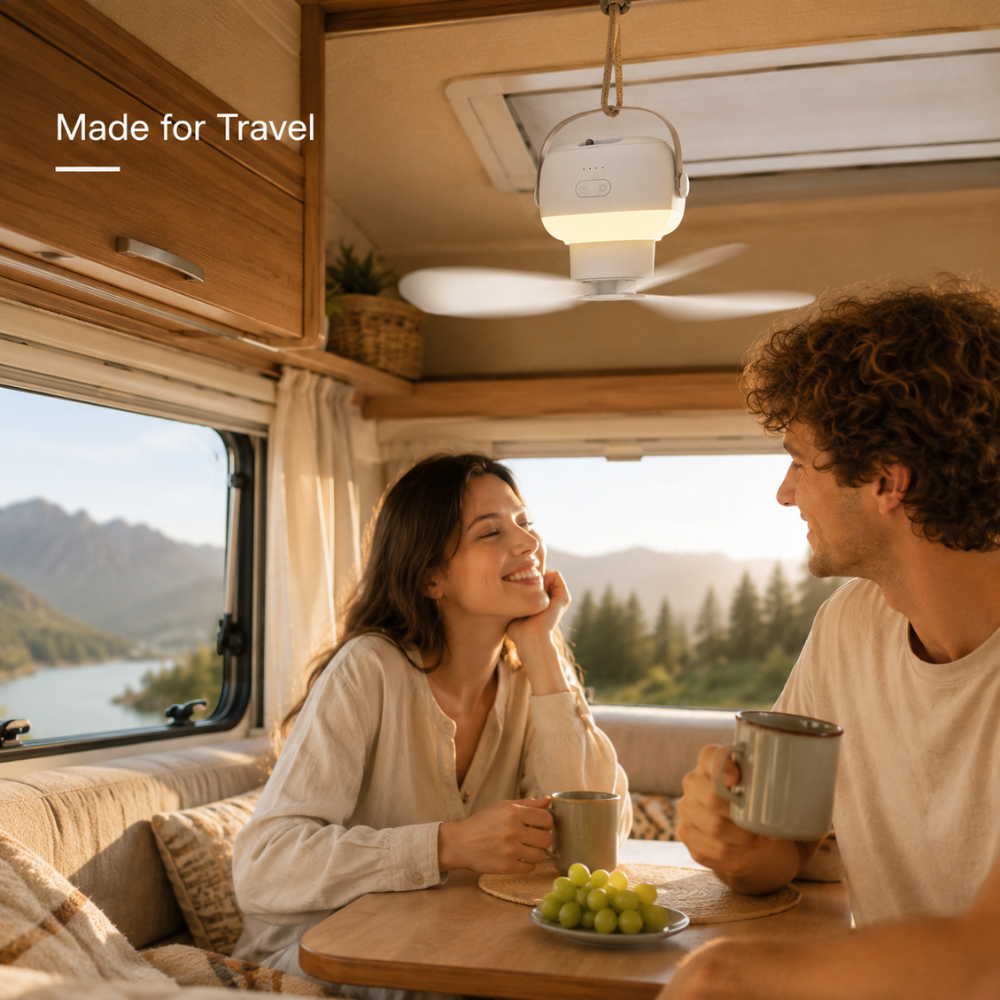 Tragbarer Camping Ventilator mit LED Licht Fernbedienung USB Akku Zelt Deckenventilator Weiß