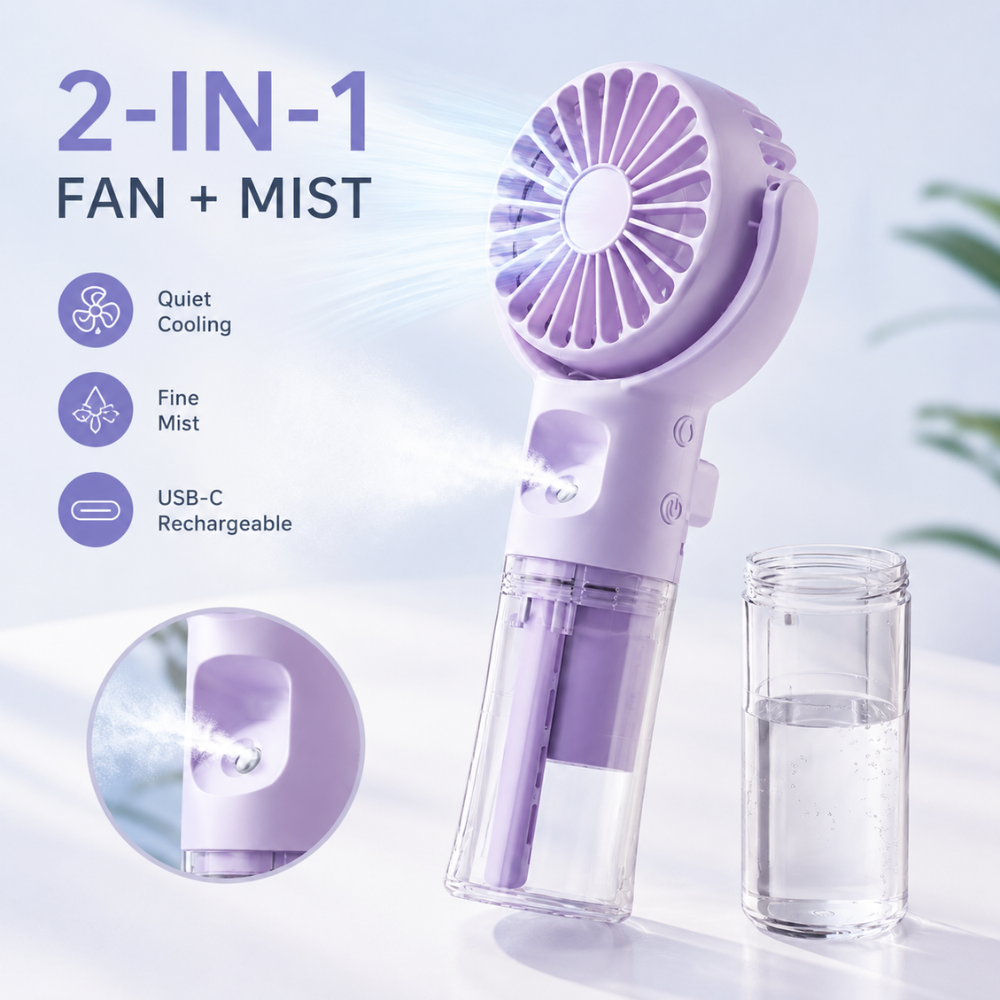 Tragbarer Handventilator mit Wasserspray und drehbarem Kopf – USB-aufladbarer Mini-Nebelventilator mit 4 Geschwindigkeitsstufen für Sommer, Reisen & Outdoor