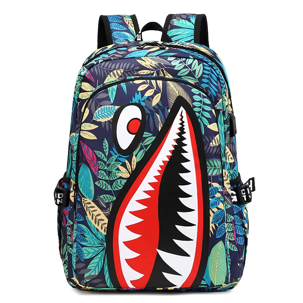 Kinder-Schulrucksack mit Hai-Motiv & USB-Anschluss – Wasserabweisender Rucksack mit großem Stauraum für Schule, Freizeit & Reisen