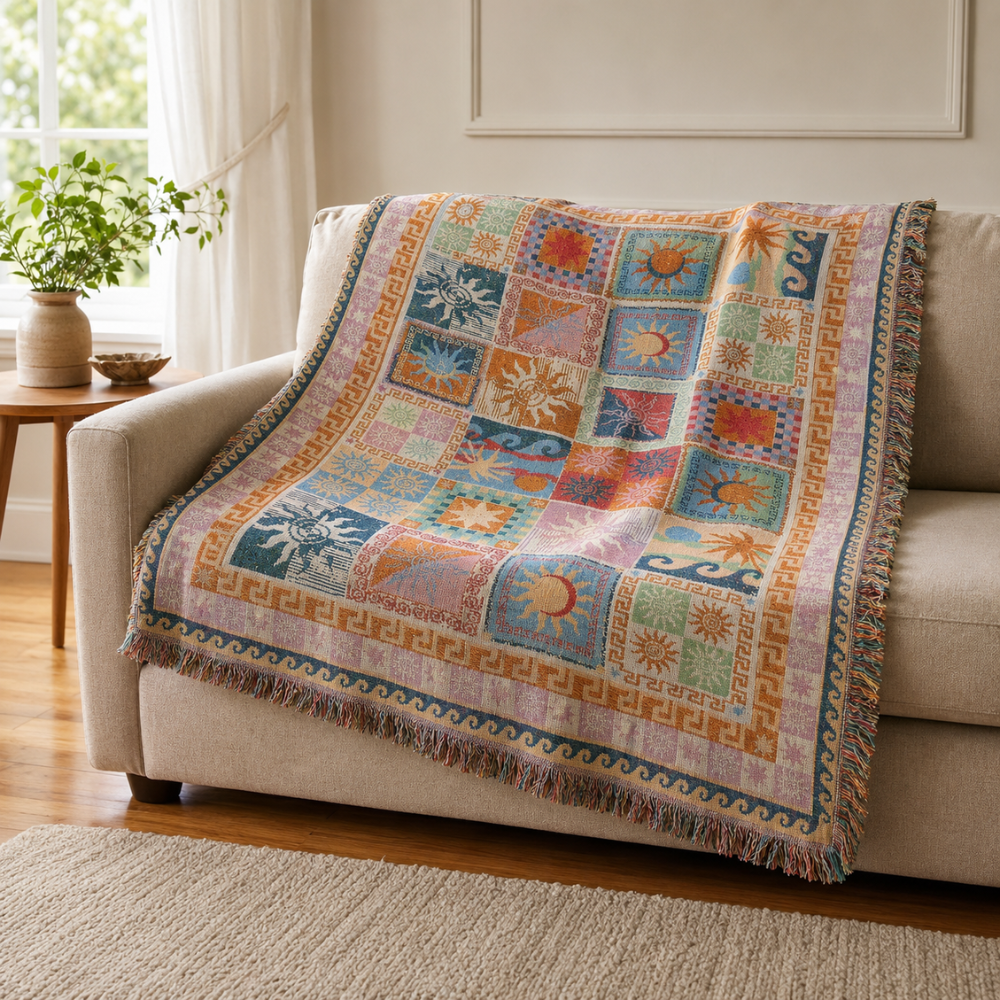 Bunte Boho Picknickdecke mit Fransen | Waschbare Polyester Outdoor-Decke für Camping, Strand, Sofa und Garten