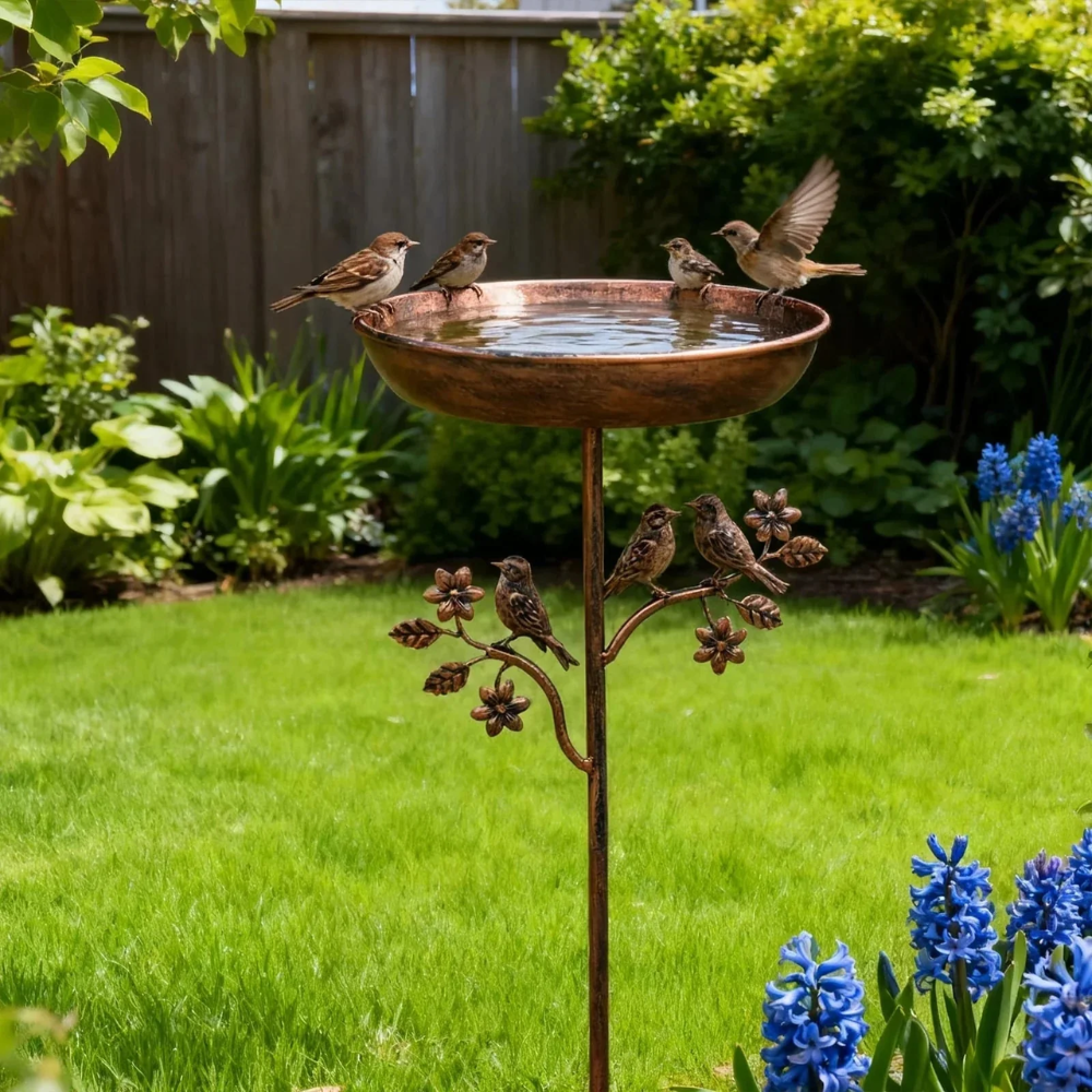Vogeltränke Garten | Freistehendes Vogelbad aus Eisen mit Erdspieß und Vogeldekor