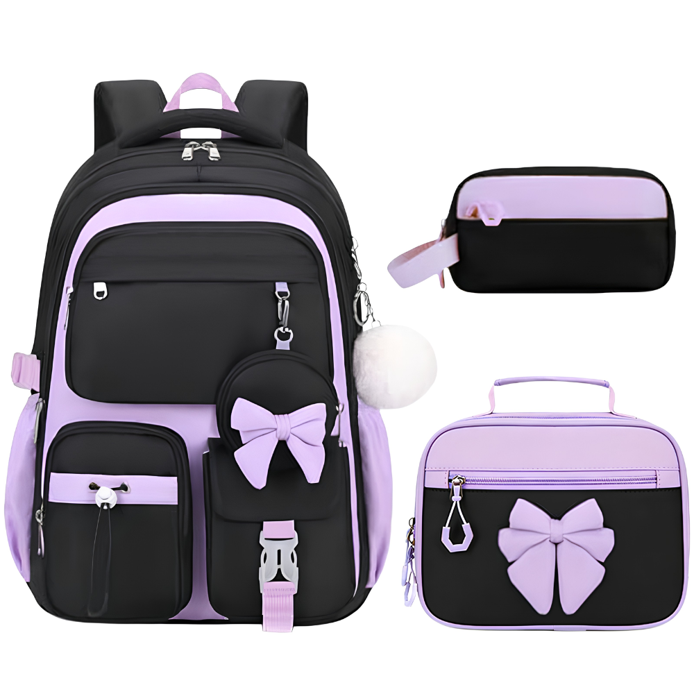 Kinder-Schulrucksack-Set mit Schleifen-Design – 3-teiliges wasserabweisendes Rucksack-Set mit Lunchbag & Federmäppchen