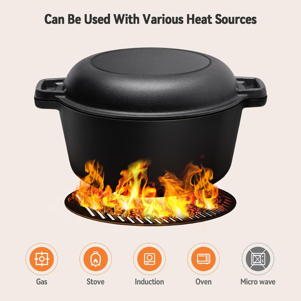 Gusseisen Dutch Oven 26/28 cm – 2-in-1 Schmortopf mit Pfannendeckel für Brot, Braten, Backen & Camping