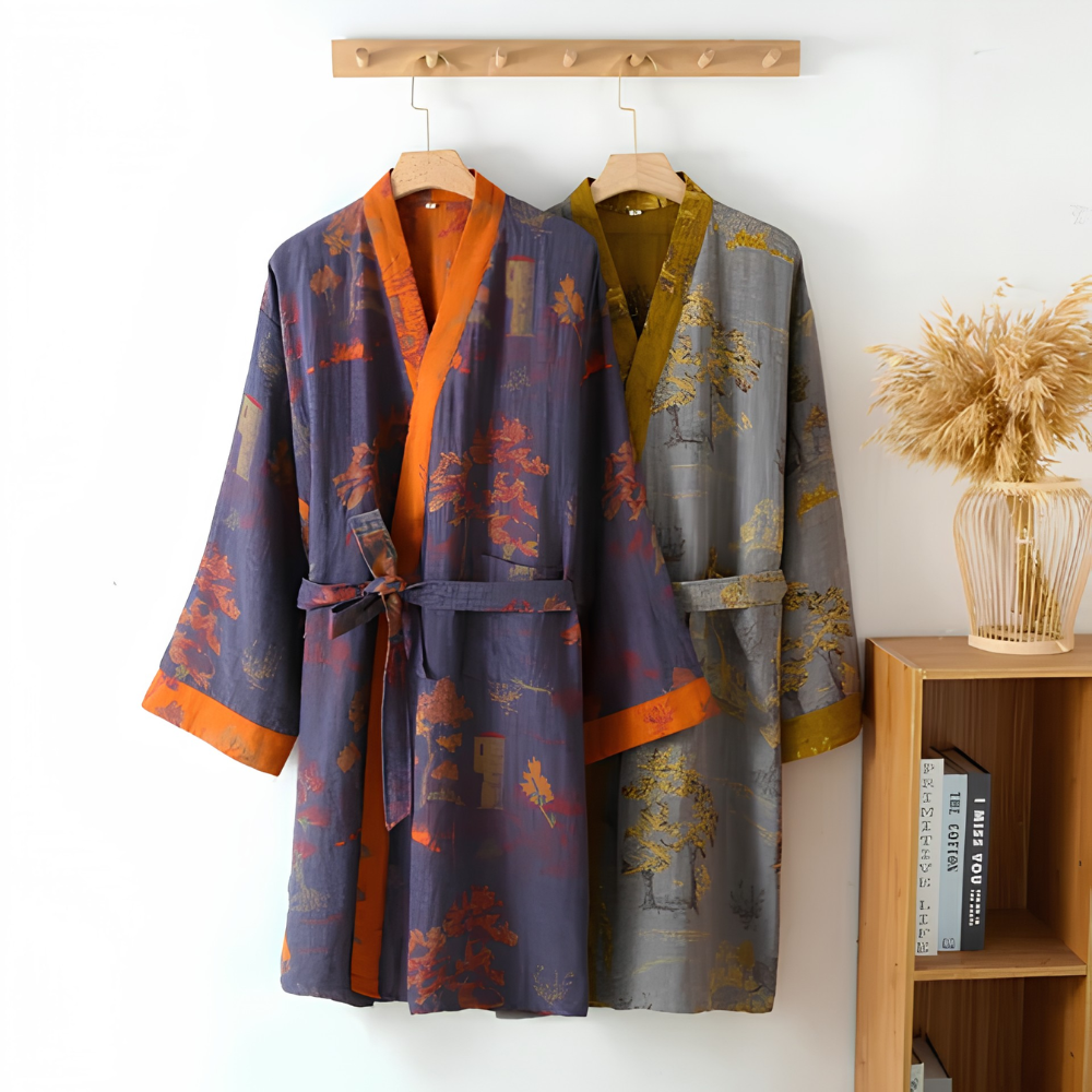 Atmungsaktiver Kimono - Dünner Baumwoll Bademantel mit Gürtel & V-Ausschnitt