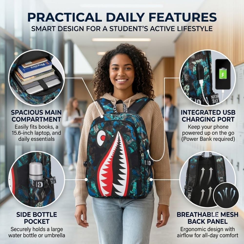 Kinder-Schulrucksack mit Hai-Motiv & USB-Anschluss – Wasserabweisender Rucksack mit großem Stauraum für Schule, Freizeit & Reisen