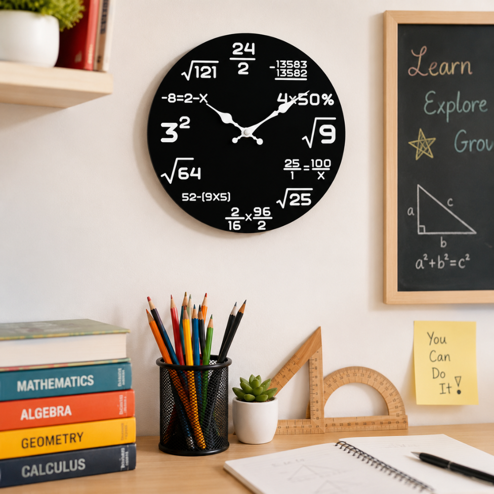 Mathe Wanduhr – Runde Zahlen Uhr mit Rechenaufgaben, leisem Quarzwerk für Wohnzimmer, Büro & Kinderzimmer