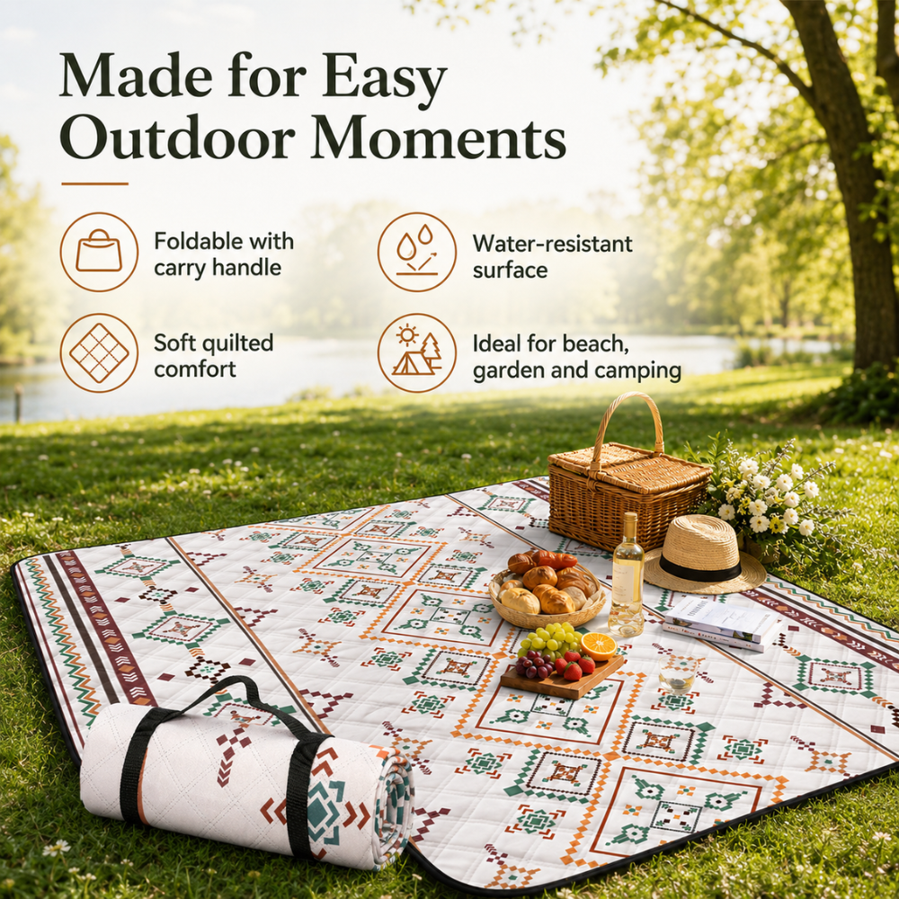Picknickdecke 200 x 200 cm Outdoor Campingdecke aus Polyester Faltbare Stranddecke mit Tragegriff für Garten Strand