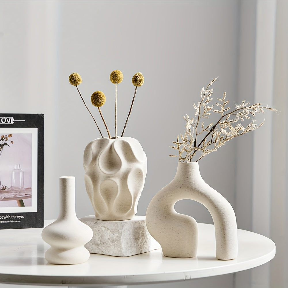 3er Set Keramikvasen Geometrisch - 15cm Boho Donut Vasen & Nordisches Design