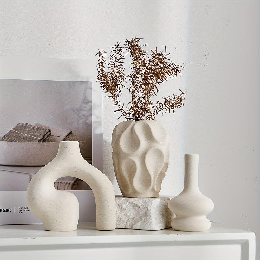 3er Set Keramikvasen Geometrisch - 15cm Boho Donut Vasen & Nordisches Design