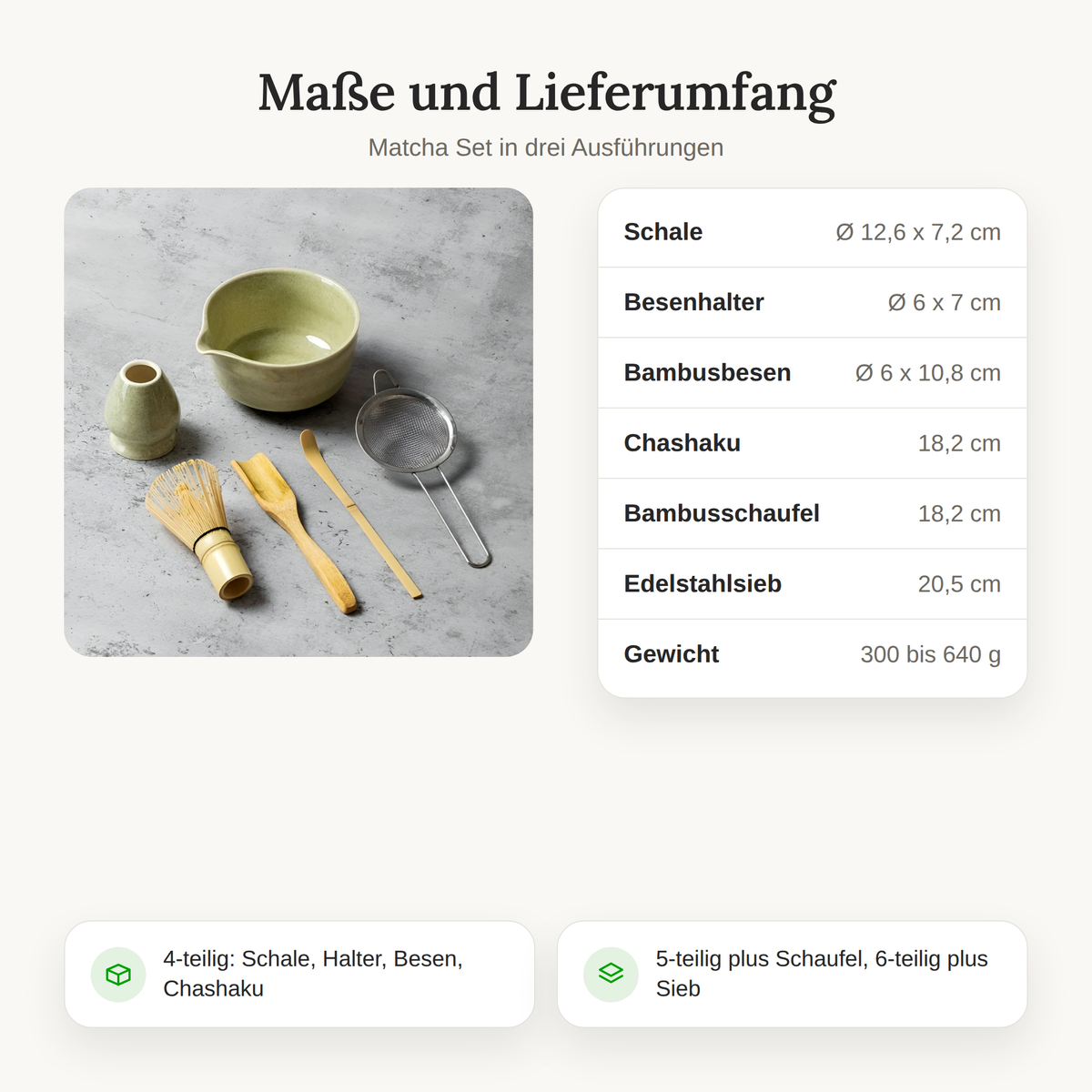 Maße und Lieferumfang des Matcha Sets in der 4-, 5- und 6-teiligen Ausführung