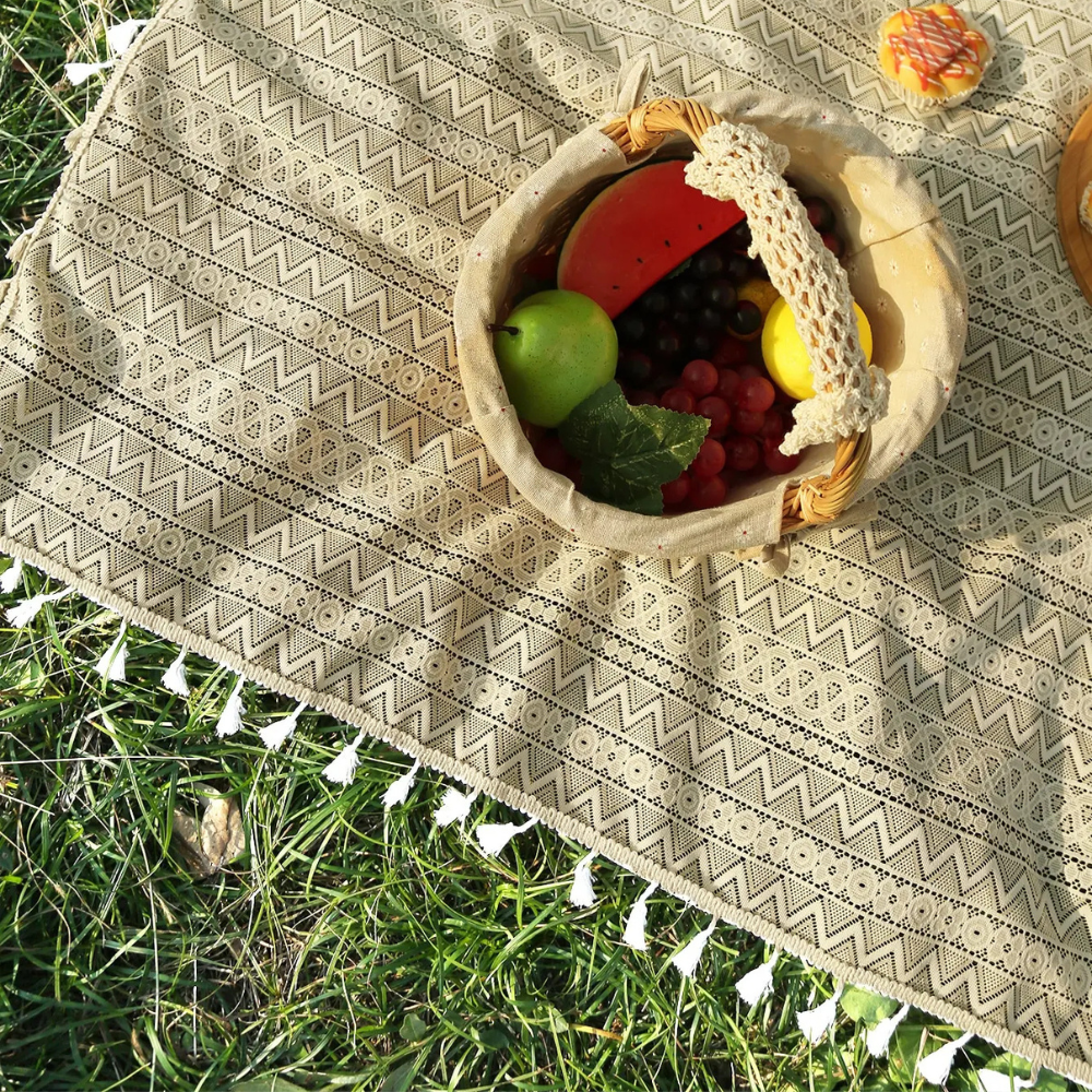 Boho Picknickdecke Beige mit Fransen – waschbare Decke bis XXL für Picknick, Strand, Garten & Esstisch