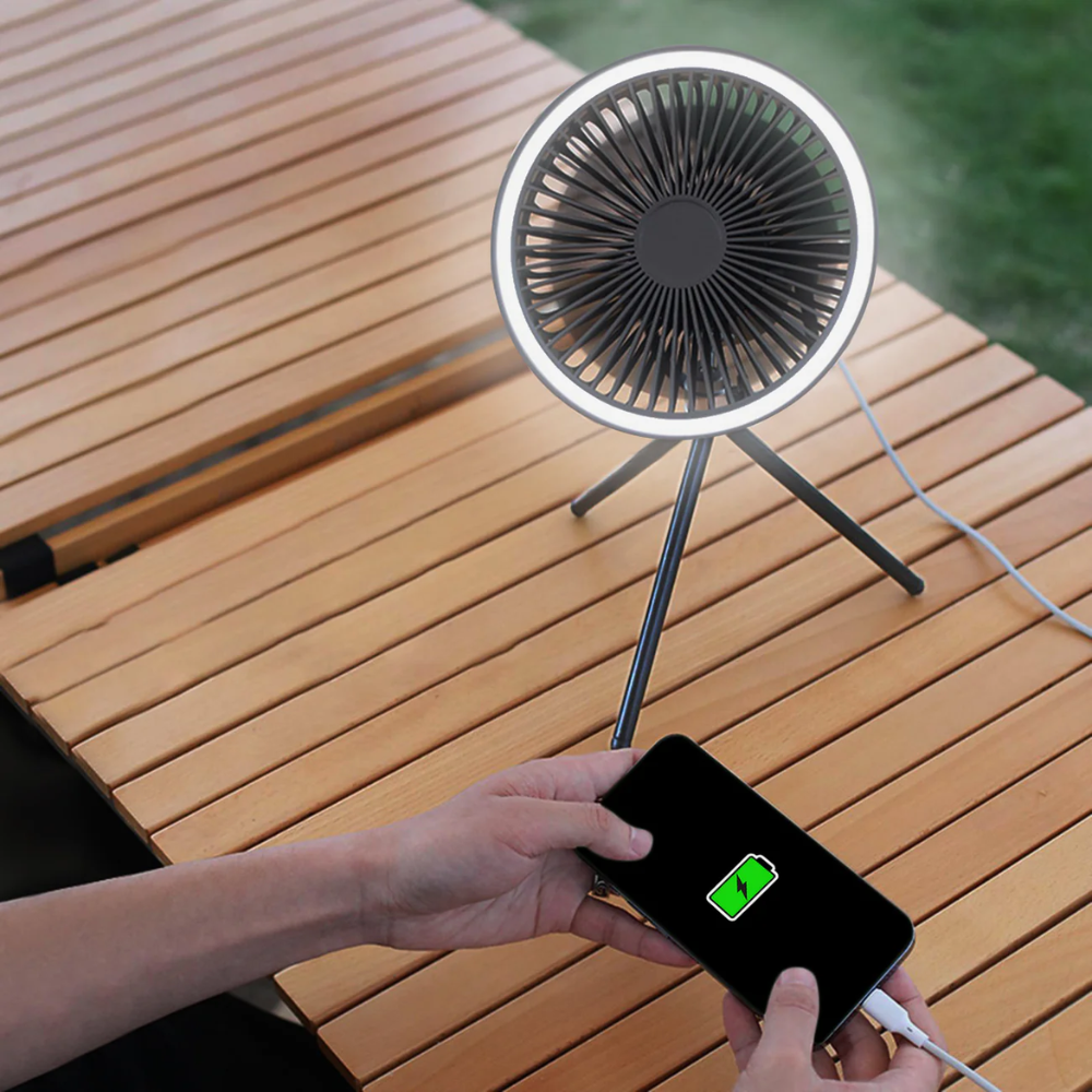 Camping Ventilator mit LED Licht USB Akku Powerbank Hängend oder mit Stativ für Zelt Outdoor