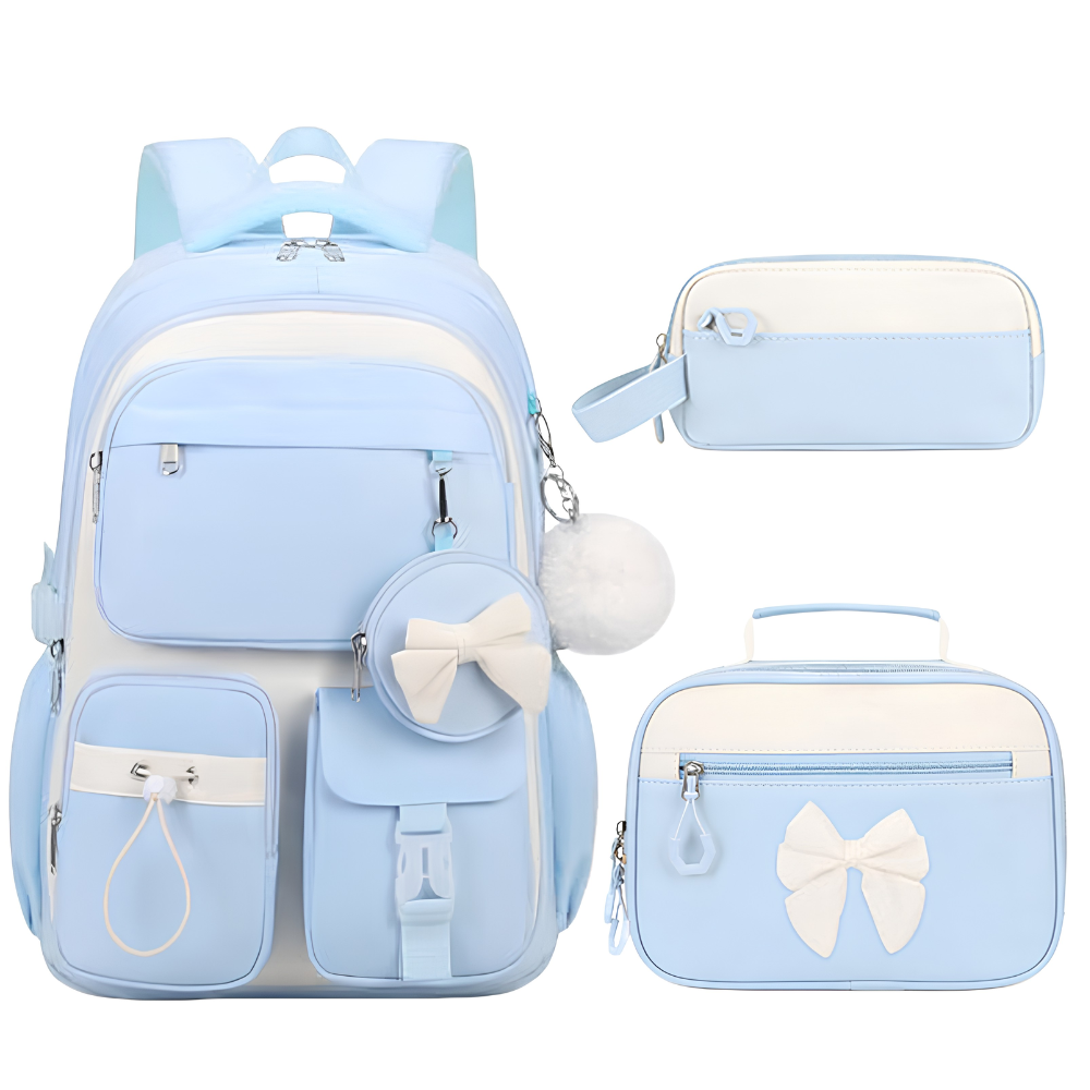 Kinder-Schulrucksack-Set mit Schleifen-Design – 3-teiliges wasserabweisendes Rucksack-Set mit Lunchbag & Federmäppchen