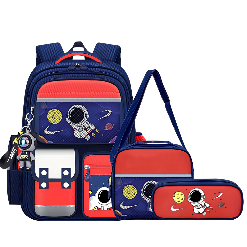 Schulrucksack 3-teilig mit Astronauten-Motiv – Großer Rucksack mit Lunchbag & Federmäppchen für Schule, Reisen & Alltag