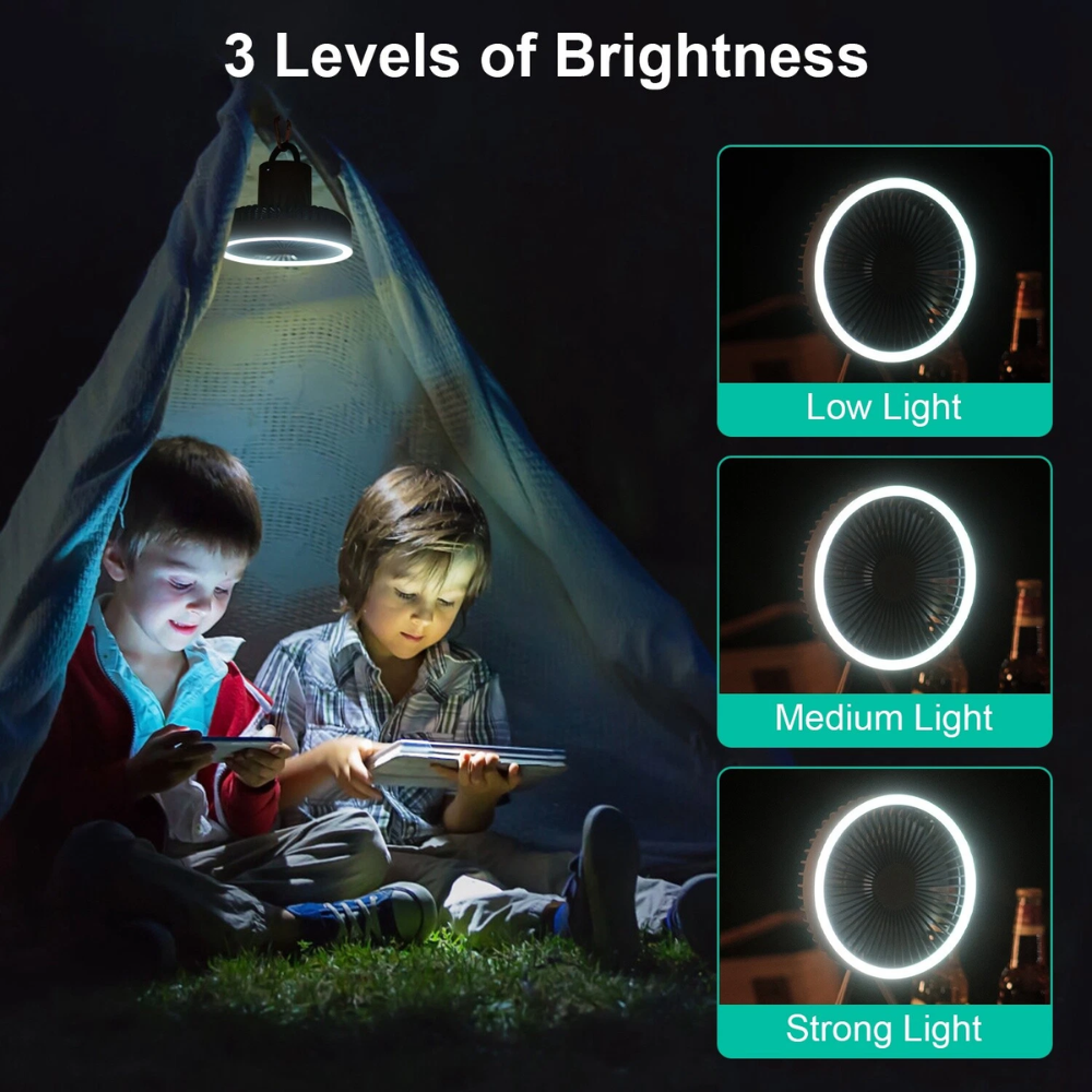 Camping Ventilator mit LED Licht USB Akku Powerbank Hängend oder mit Stativ für Zelt Outdoor