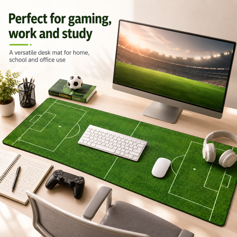 Schreibtischunterlage & Gaming-Mauspad Fußballfeld-Design – Große rutschfeste Stoffmatte für Büro, Homeoffice, Schule & Gaming