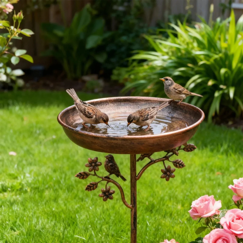 Vogeltränke Garten | Freistehendes Vogelbad aus Eisen mit Erdspieß und Vogeldekor