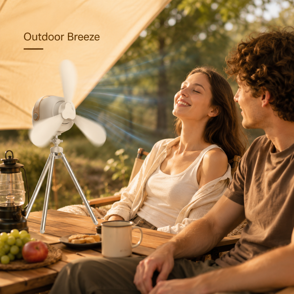 Tragbarer Camping Ventilator mit LED Licht Fernbedienung USB Akku Zelt Deckenventilator Weiß