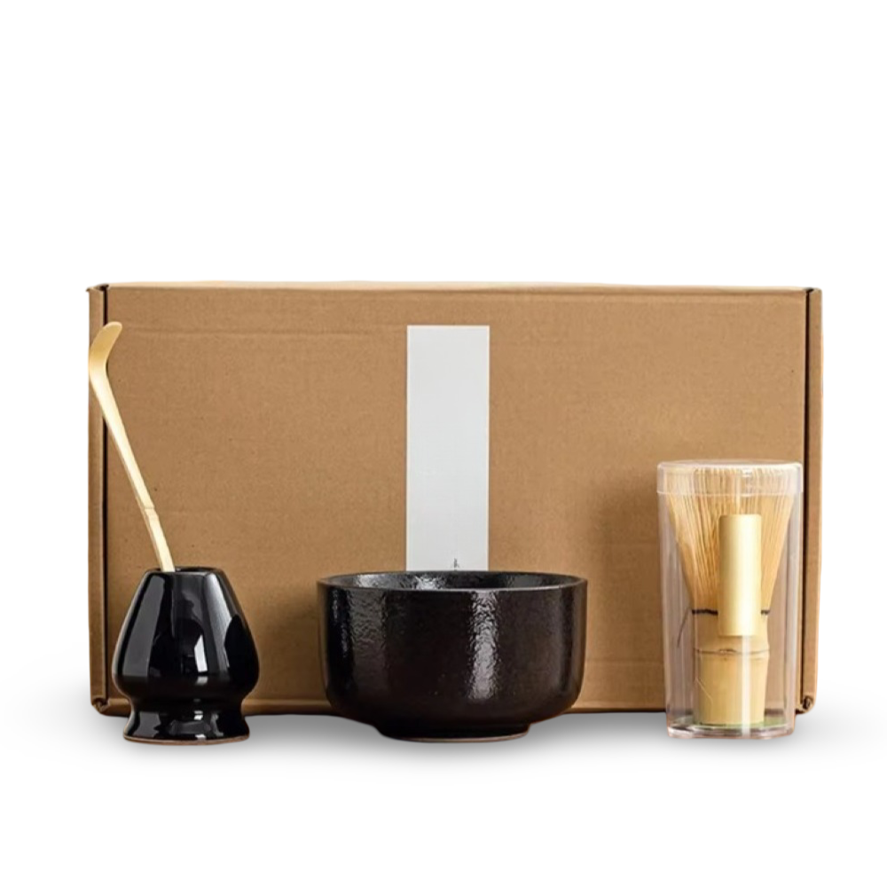 Matcha-Set 4-tlg – Handgefertigte Keramikschale, Halter, Bambusbesen (Chasen) & Bambus-Matcha-Löffel (Chashaku)