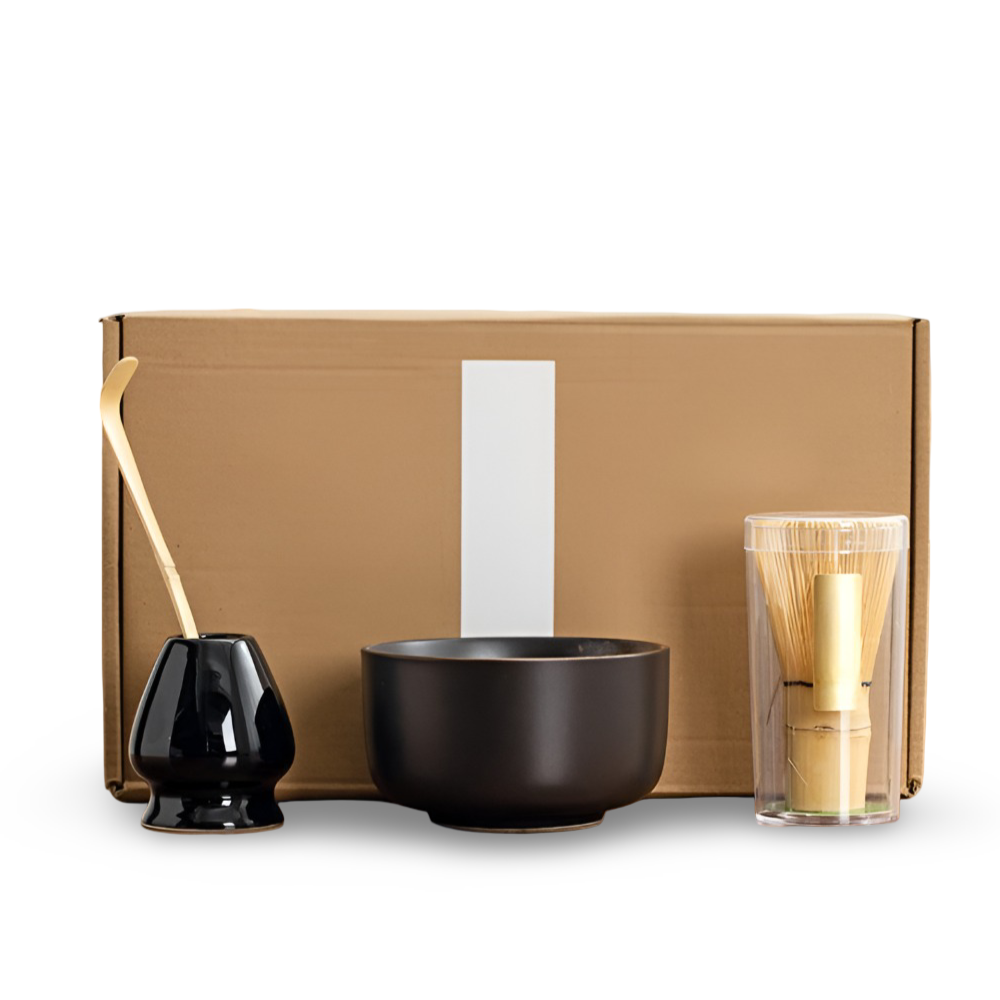 Matcha-Set 4-tlg – Handgefertigte Keramikschale, Halter, Bambusbesen (Chasen) & Bambus-Matcha-Löffel (Chashaku)