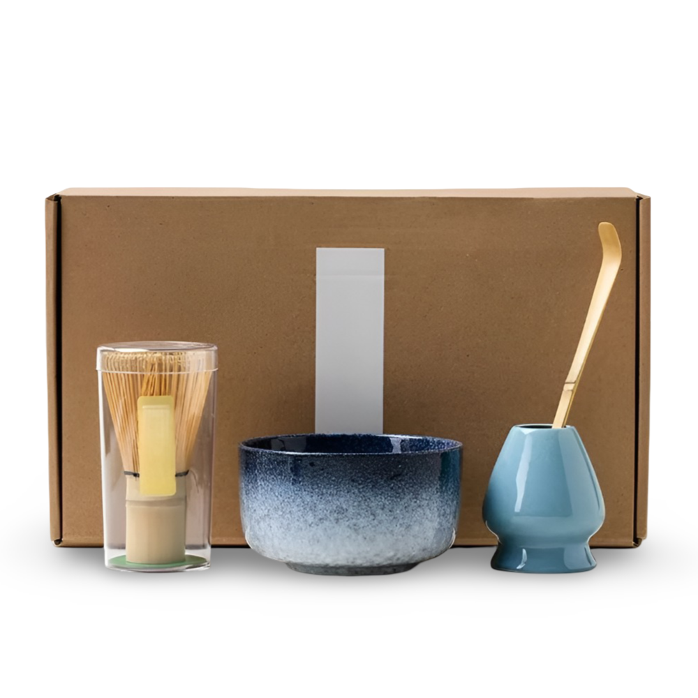 Matcha-Set 4-tlg – Handgefertigte Keramikschale, Halter, Bambusbesen (Chasen) & Bambus-Matcha-Löffel (Chashaku)