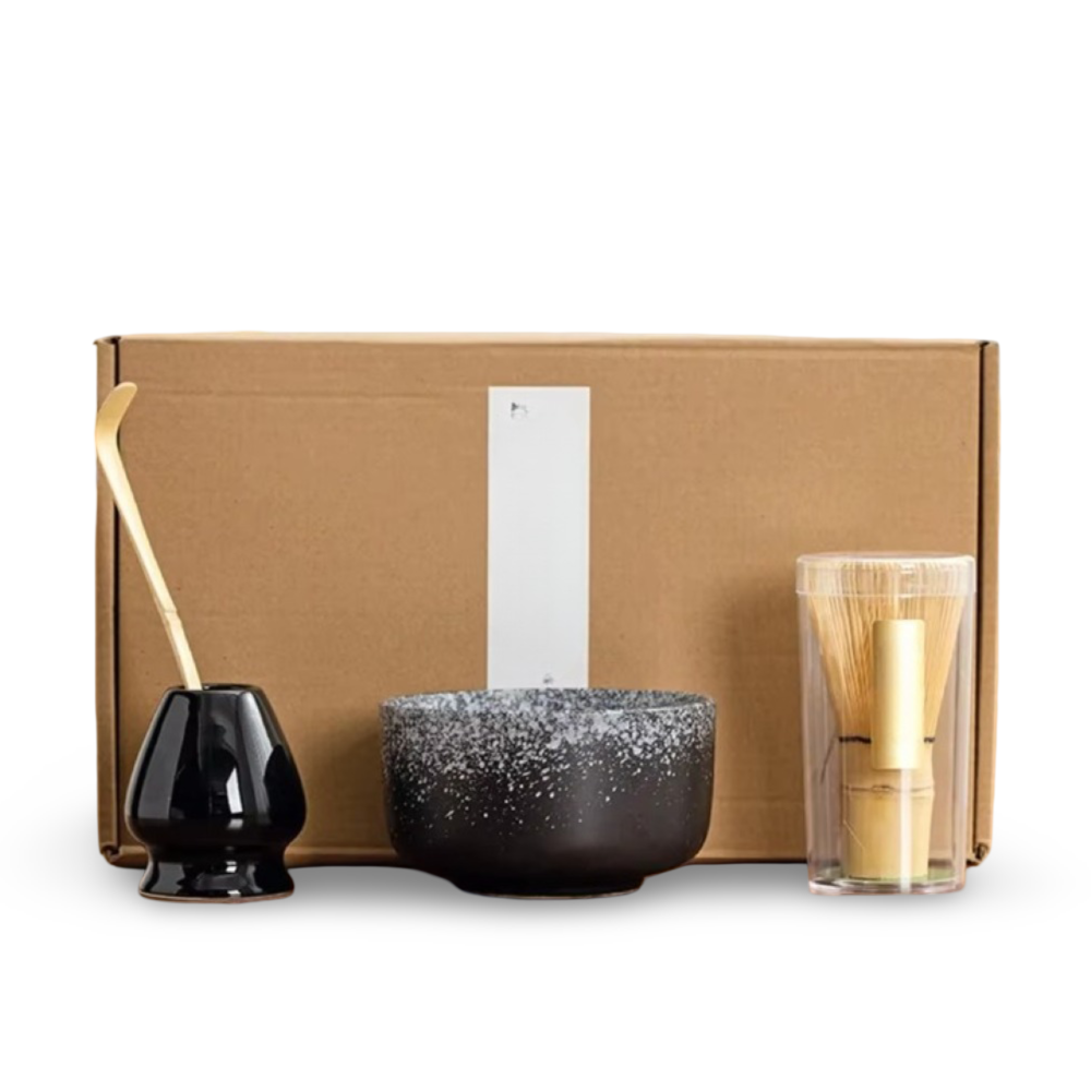Matcha-Set 4-tlg – Handgefertigte Keramikschale, Halter, Bambusbesen (Chasen) & Bambus-Matcha-Löffel (Chashaku)