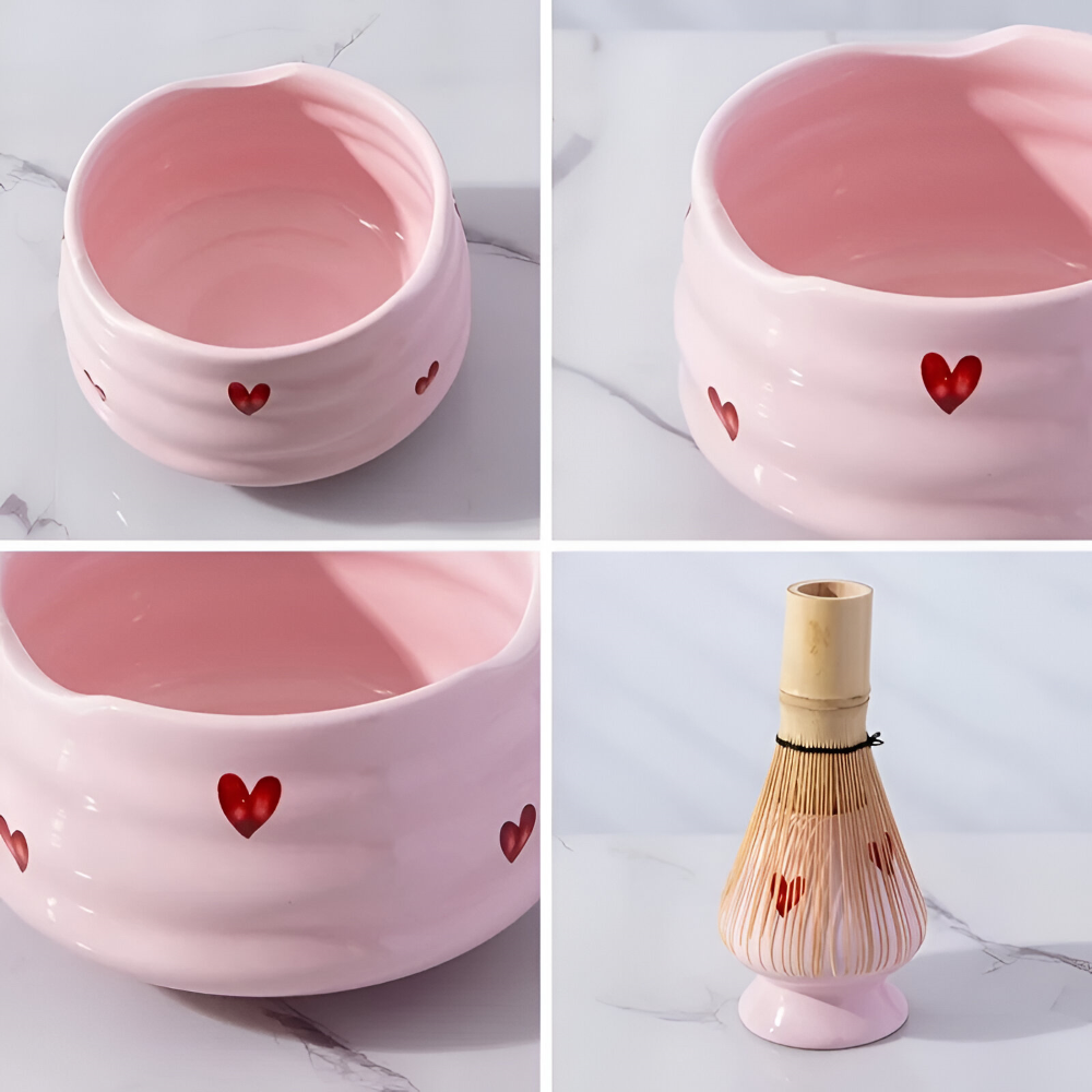 5-teiliges Matcha Set Rosa Herz – Japanisches Teeset mit Schale, Bambusbesen, Halter & Sieb