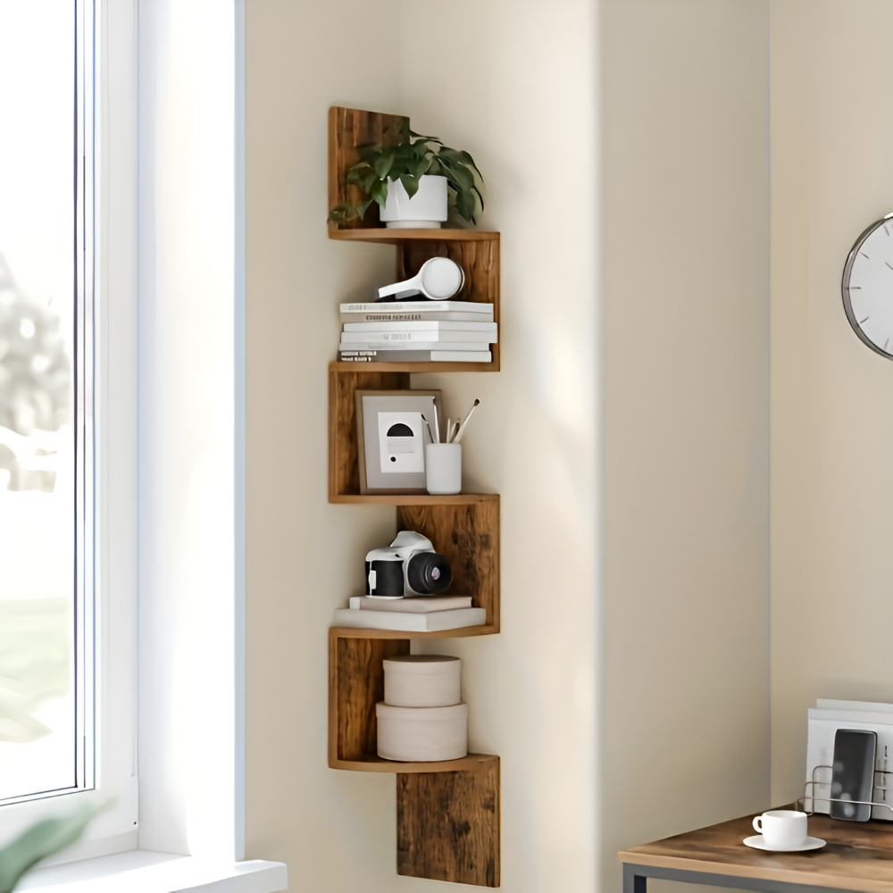 5-Tier Ecke-Wandregal - Stilvolle, Platzsparende Aufbewahrungslösung für Bücher, Pflanzen und Wohnaccessoires in jedem Raum