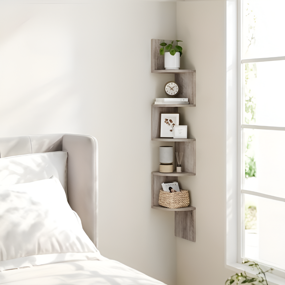 5-Tier Ecke-Wandregal - Stilvolle, Platzsparende Aufbewahrungslösung für Bücher, Pflanzen und Wohnaccessoires in jedem Raum