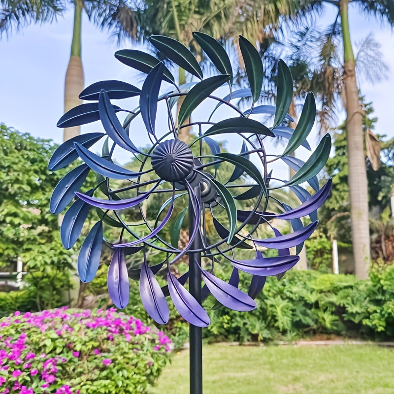 Metall Windspinner für Garten – Kinetische Gartenstecker Deko mit Lila-Blauen Blättern für Rasen, Terrasse & Balkon