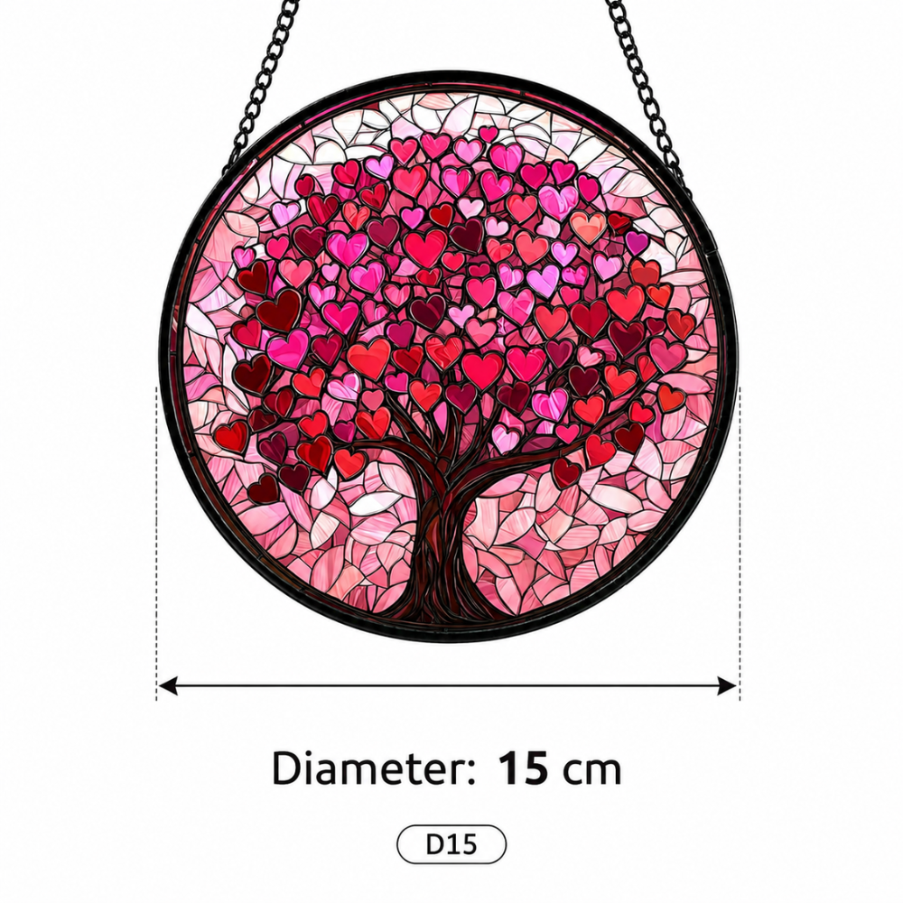 Lebensbaum Sonnenfänger aus Buntglas 15 cm Rundes Fensterbild zum Aufhängen für Fenster und Wand