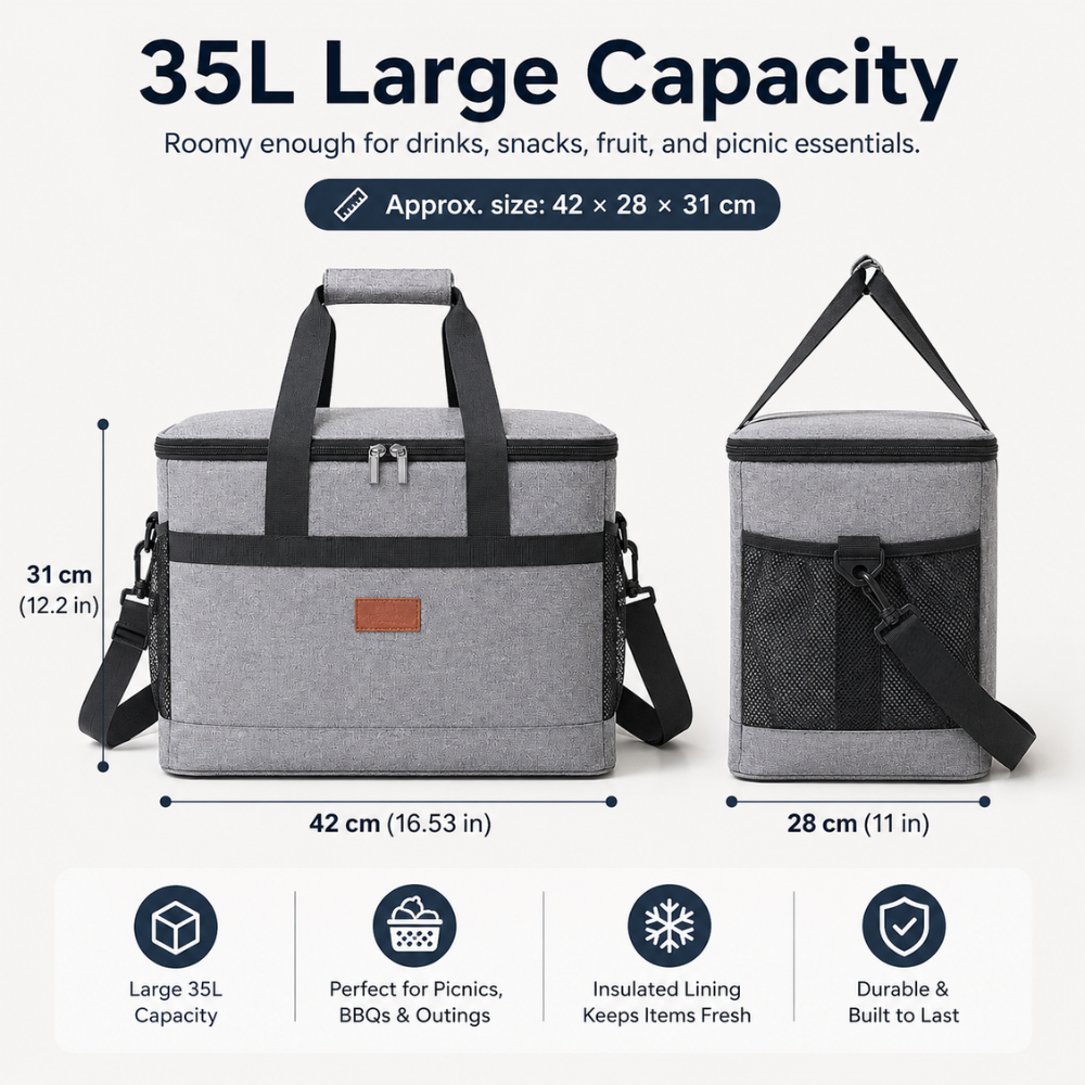 Große Isoliertasche 35L | Kühltasche aus Oxford-Gewebe mit Schultergurt, Fronttasche & Seitennetzen