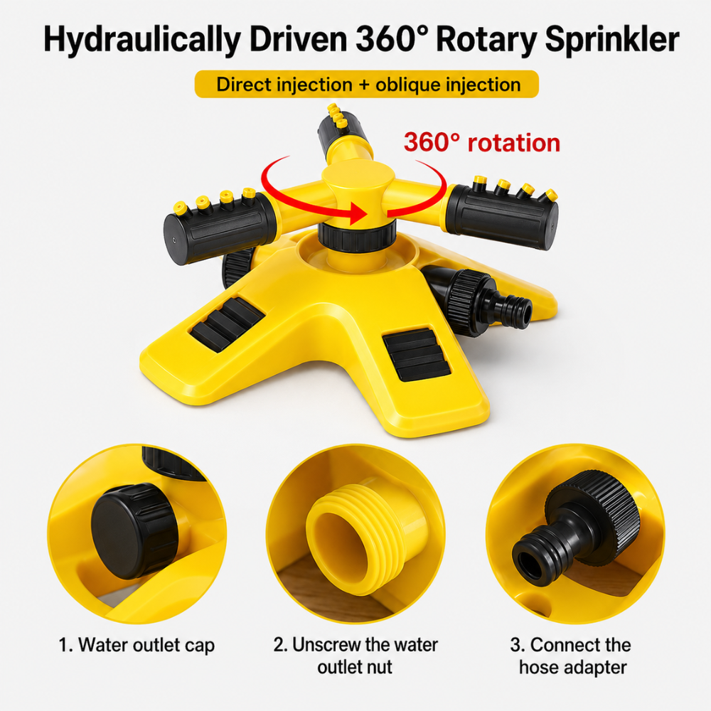 360° Rasensprenger mit 3 verstellbaren Armen – Automatischer Gartensprinkler für Rasen, Beete & Bewässerung