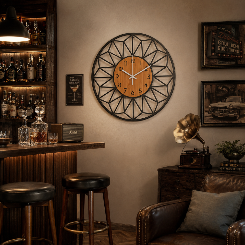 Retro Wanduhr mit Holzoptik – Große Metall Uhr im geometrischen Design mit leisem Uhrwerk für Wohnzimmer